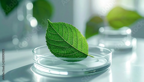 Green leaf on petri dish in lab.