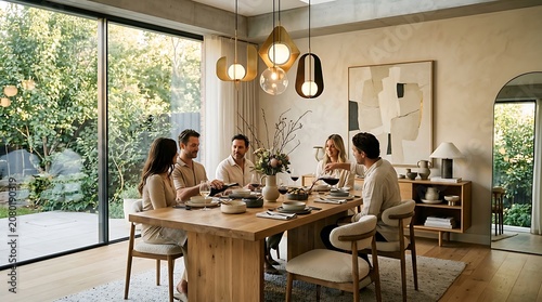 Family and friends dining together in modern dining room with pendant lights