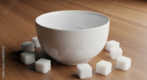 White bowl with sugar cubes scattered.