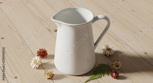 White ceramic pitcher with flowers on wood.