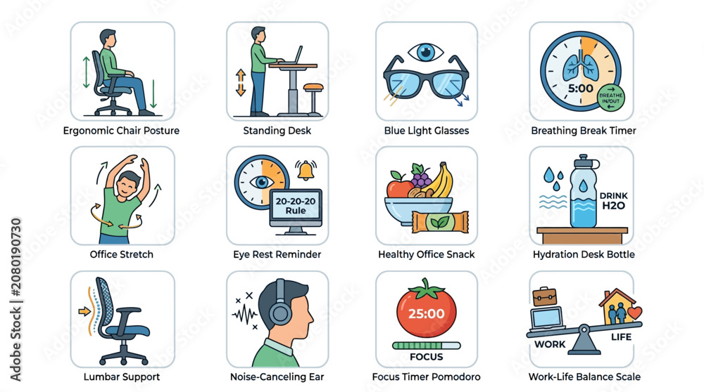 Fototapeta premium Office Wellness Icons, Workplace Health Symbols, Ergonomic Furniture Graphics, Healthy Habits Illustrations