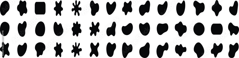 Fototapeta premium Organic black blobs of irregular shape. Abstract blotch, inkblot and pebble silhouettes, simple liquid amorphous elements. Organic blob shapes collection