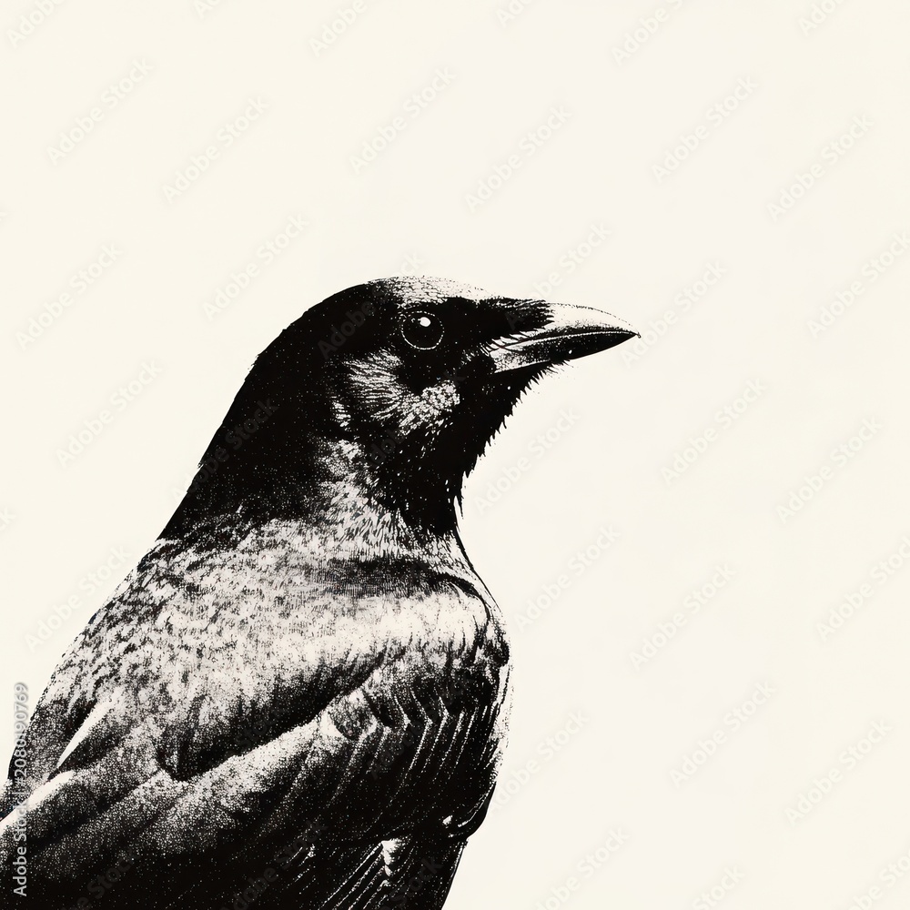 Fototapeta premium Bird retro photocopy stipple effect white crow illustration.