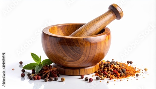Wooden mortar with spice ingredients.