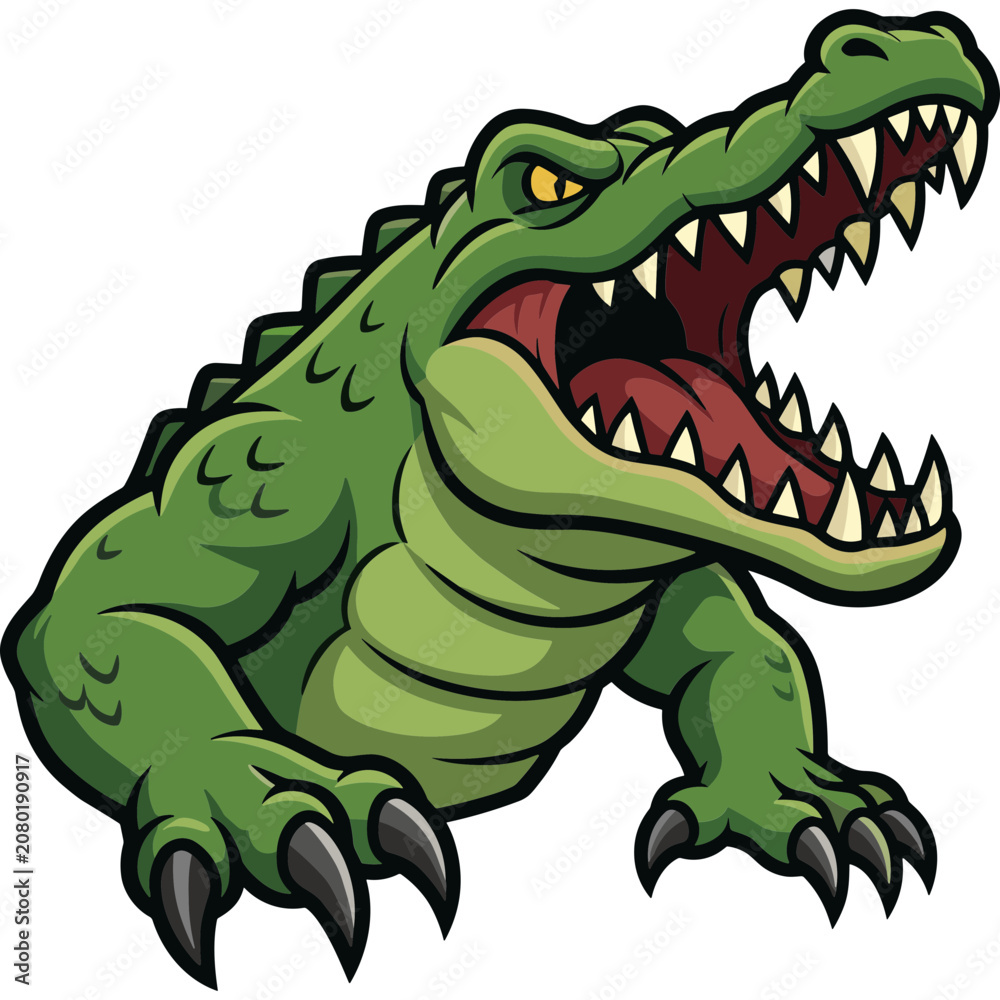 Fototapeta premium A cartoon crocodile with sharp teeth and claws is roaring aggressively outdoors.