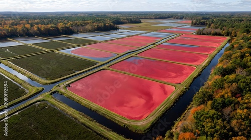 Aerial View of Vibrant Red Cranberry Fields During Autumn Harvest