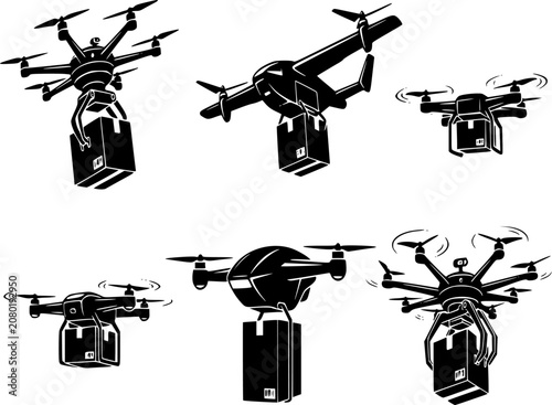 Futuristic Delivery Drone Silhouette - Black Vector Icon for Smart Logistics and E-Commerce Shipping