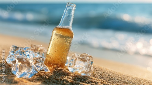 Cold beer bottle mockup on sandy beach with ice cubes against sea waves banner background