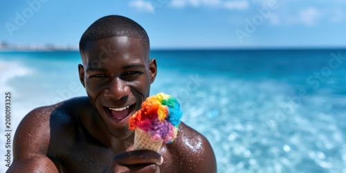 Happy Black man holding rainbow ice cream cone on tropical beach banner background