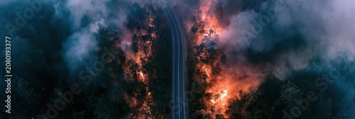A dramatic top down drone shot of a fierce forest fire burning trees with bright orange flames and thick smoke divided by an asphalt road.