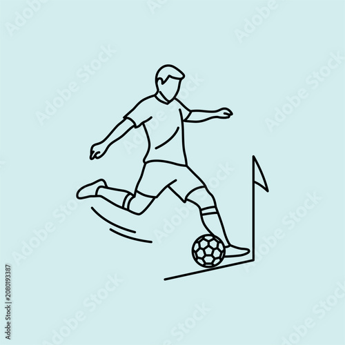 Black and white line art icon of a soccer player performing a corner kick. Minimalist design ideal for sports graphics, websites, and mobile apps.
