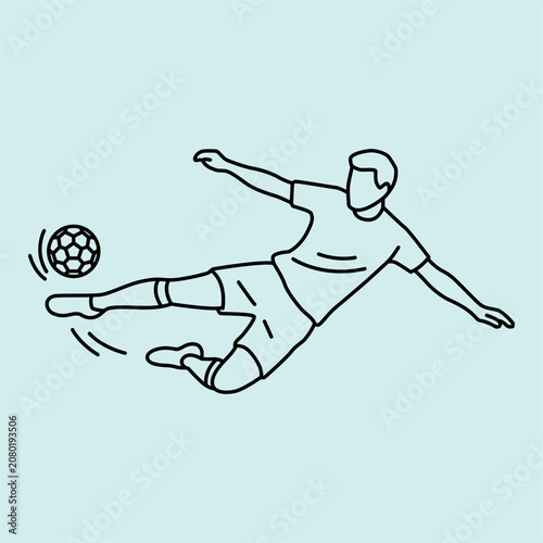 Black and white line art icon of a soccer player performing a flying side volley. Minimalist design ideal for sports graphics, websites, and mobile apps.
