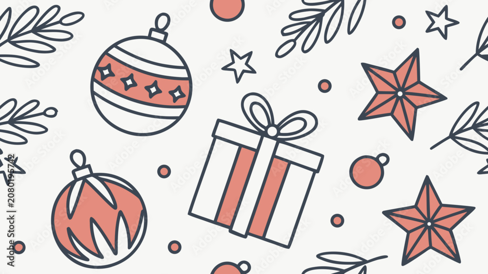 Fototapeta premium Christmas ornaments and gift box coral and gray vector illustration