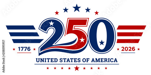 Fotografia A commemorative logo for the United States of America's 250th anniversary, featuring the number 250, stars, stripes, and the years 1776 and 2026