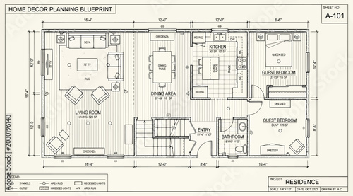 Tableau sur toile Architectural floor plan blueprint for a residential home design featuring livin