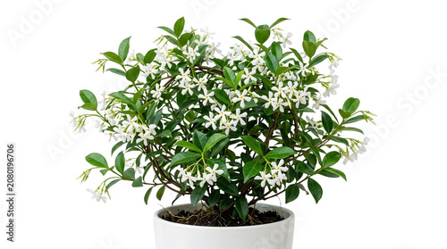 Star jasmine plant in white ceramic pot, blooming trachelospermum jasminoides with fragrant white flowers, lush green indoor houseplant isolated PNG with Transparent Background
