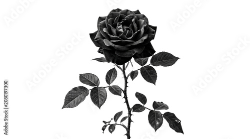 Black rose flower with stem and leaves, dark gothic floral bloom, elegant mourning rose for funeral or memorial design, dramatic botanical silhouette isolated PNG with Transparent Background