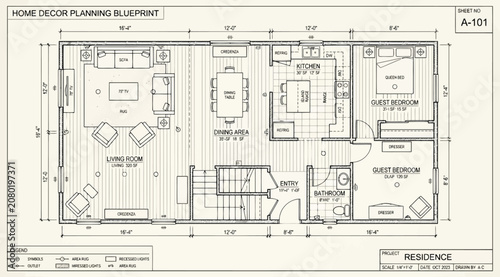 Tableau sur toile Architectural floor plan blueprint for a residential home design featuring livin