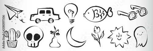 Quadro su tela Vector doodles: paper plane, car, light bulb, fish, glasses, cactus, skull, moon