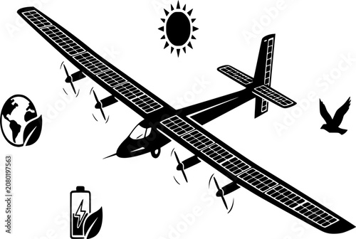 Solar-Powered Aircraft Silhouette - Minimal Black Vector Icon for Sustainable Aviation and Green Tech