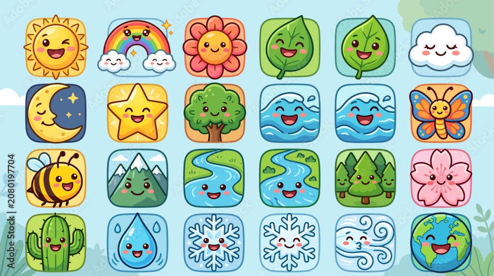Obraz premium Kawaii nature icons set, cute cartoon weather and environment characters, 24 colorful vector stickers for kids mobile apps and educational games