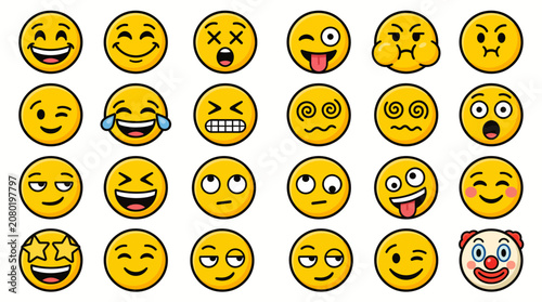 Obraz na plátně Yellow emoji face icons set, 24 expressive cartoon emoticons with bold outlines,
