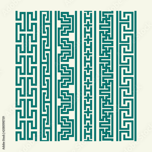 Fotografie Collection of Teal Green Greek Key and Meander Vertical Border Patterns, Decorat