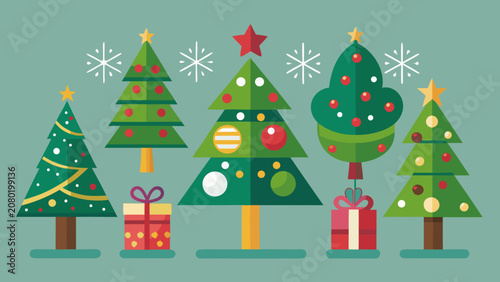Christmas Trees And Presents Flat Vector Illustration