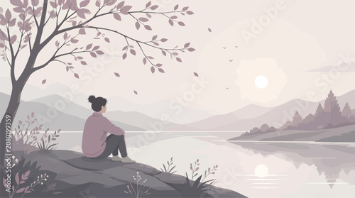 Woman Sitting by Lake Contemplating Serene Mountain Landscape at Sunrise, Peaceful Nature Escape, Calm Moment Illustration