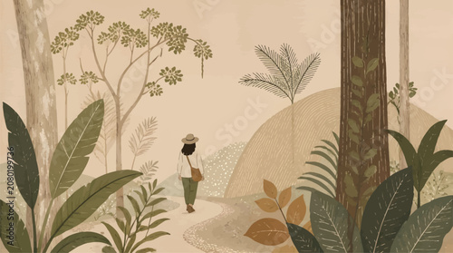 Lone Figure Walking on Path Through Lush Tropical Rainforest Jungle with Diverse Foliage and Trees