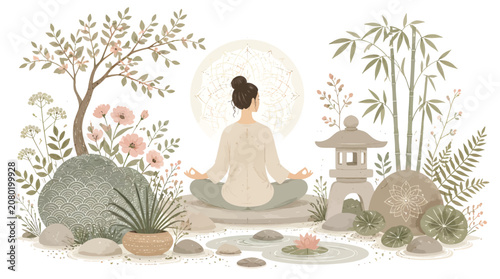Serene Woman Meditating in Zen Garden with Water Lilies and Japanese Lantern, Peaceful Mindfulness Practice, Wellness and Lifestyle Illustration