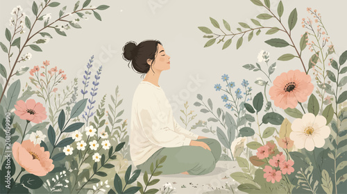 Young Woman Meditating in Peaceful Garden Surrounded by Blooming Flowers and Greenery, Serene Mindfulness and Wellness Illustration