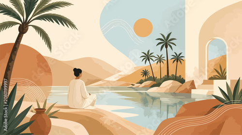 Serene Woman Meditating by Tranquil Oasis with Palm Trees in Desert Landscape, Peaceful Retreat Illustration for Wellness and Travel Concepts