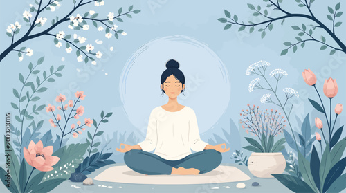 Serene Woman Meditating in Lotus Pose Surrounded by Blooming Spring Flowers and Gentle Breeze, Promoting Wellness and Mindfulness