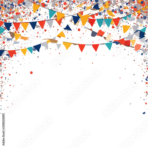 Colorful party bunting with confetti on transparent background