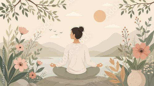 Woman Meditating in Serene Nature Landscape, Practicing Yoga Outdoors for Wellness and Mindfulness