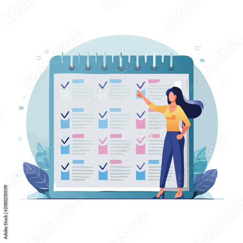 Woman pointing at calendar in flat vector illustration