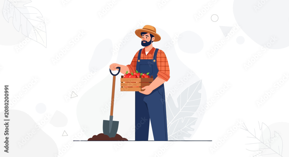 Fototapeta premium Farmer with harvest of tomatoes in wooden crate and shovel, flat design vector illustration