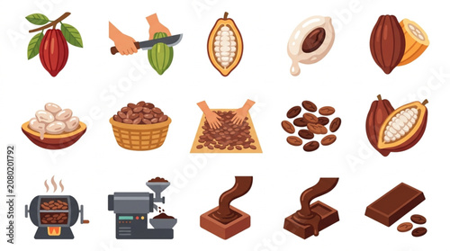 Foto Collection of Cocoa Bean and Chocolate Production Process Icons.