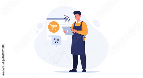 Online Shop Owner Using Tablet for E-commerce Management, Digital Marketing, and Customer Service