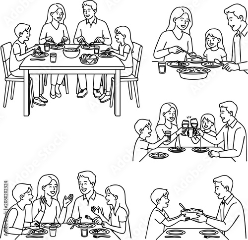 Tableau sur toile Family having dinner at home line art illustration set with children illustratio