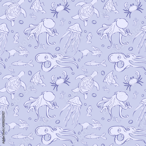 Seamless sea creature pattern. Turtle, fish, octopus, crab, seahorse, jellyfish. Purple line art design on a periwinkle background. Perfect for kids apparel, wallpaper, gift wrap, and marine branding.