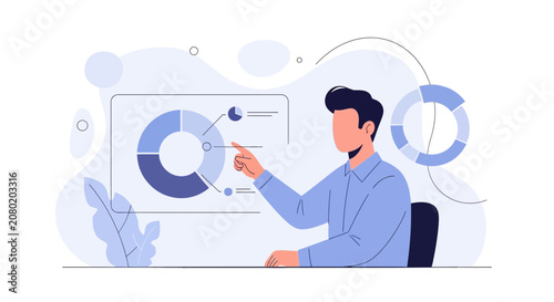 Man in a blue shirt points to a pie chart on a screen, symbolizing data analysis, business strategy, and financial reporting.