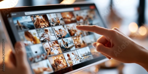 Hand Pointing at Stock Photo Search Screen on Digital Monitor. Concept of digital photography search, online image library and visual content browsing