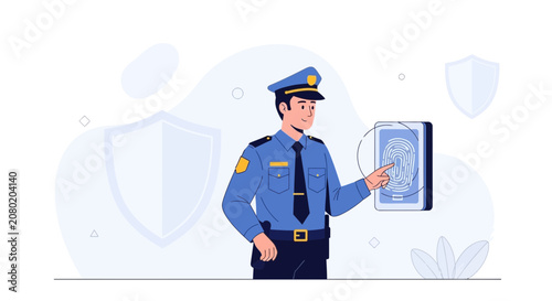 Police Officer Using Fingerprint Scanner on Tablet for Security and Identification - Vector Illustration