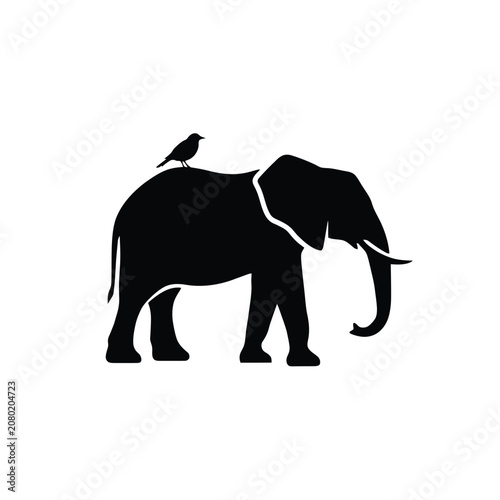 Canvas Print Elephant And Bird Silhouette On White Background