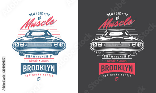 Photos Vintage Brooklyn New York Muscle Car Typography T-shirt Design Grunge Vector