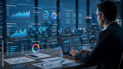 Business executive analyzing financial dashboard with real-time analytics, KPI charts, and performance metrics for strategic business decisions.