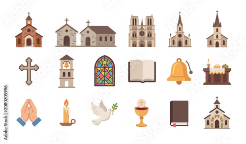 Fotografie Church Flat Icon Set Editable Vector Collection Isolated on White Background