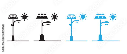Quadro su tela Solar Street Light Icons Set Featuring Sustainable Energy Panels and Sun Symbols in Minimalist Style